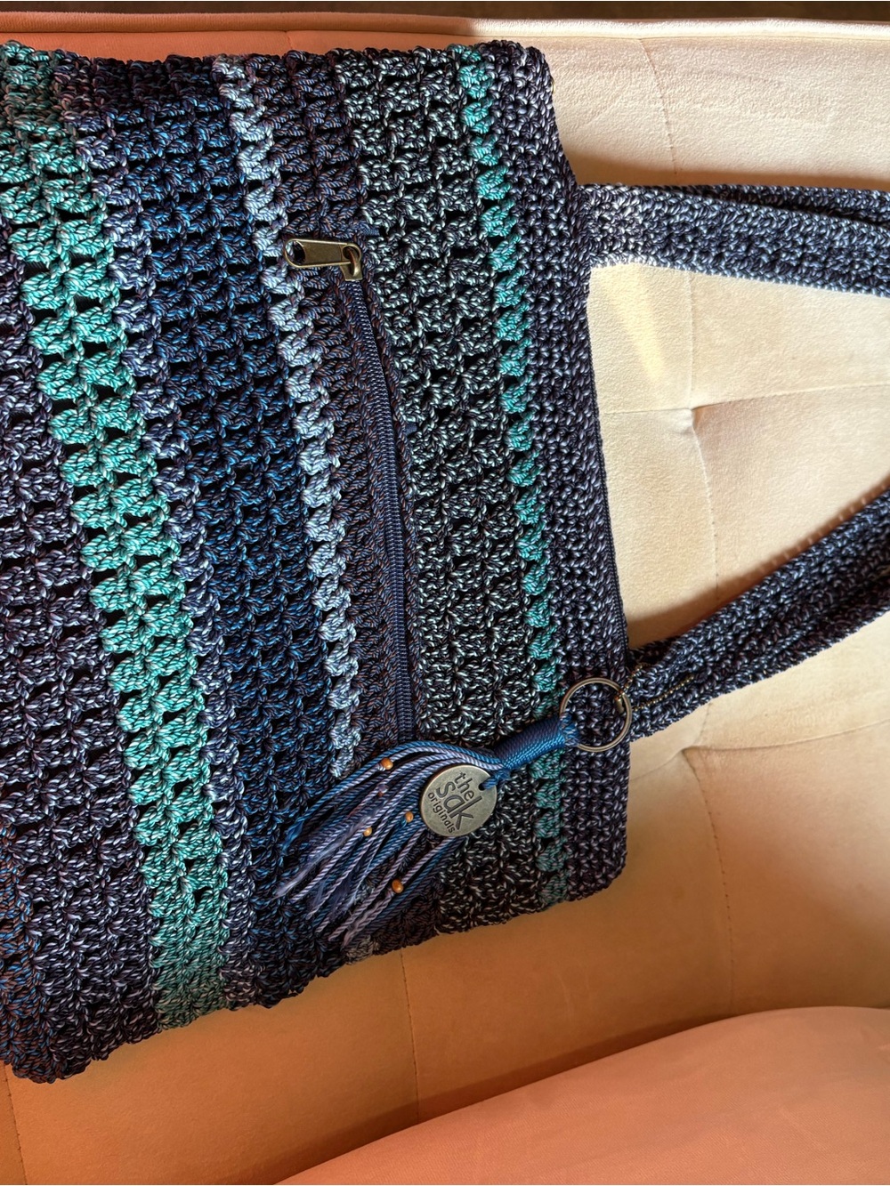 The Sak Crochet Tote in Navy and Teal with Tassel